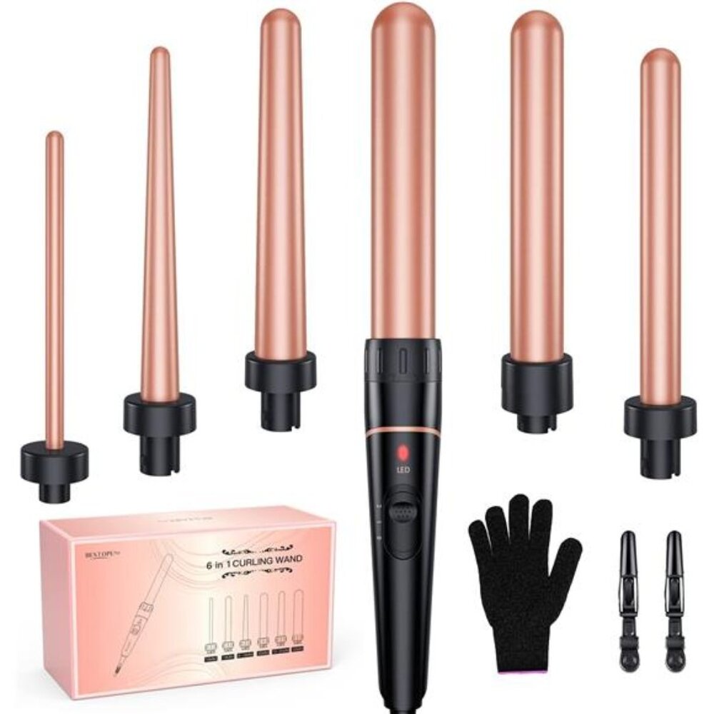 Long Barrel Curling Iron Wand Set, 6 in 1 Curling Wand Set with Ceramic